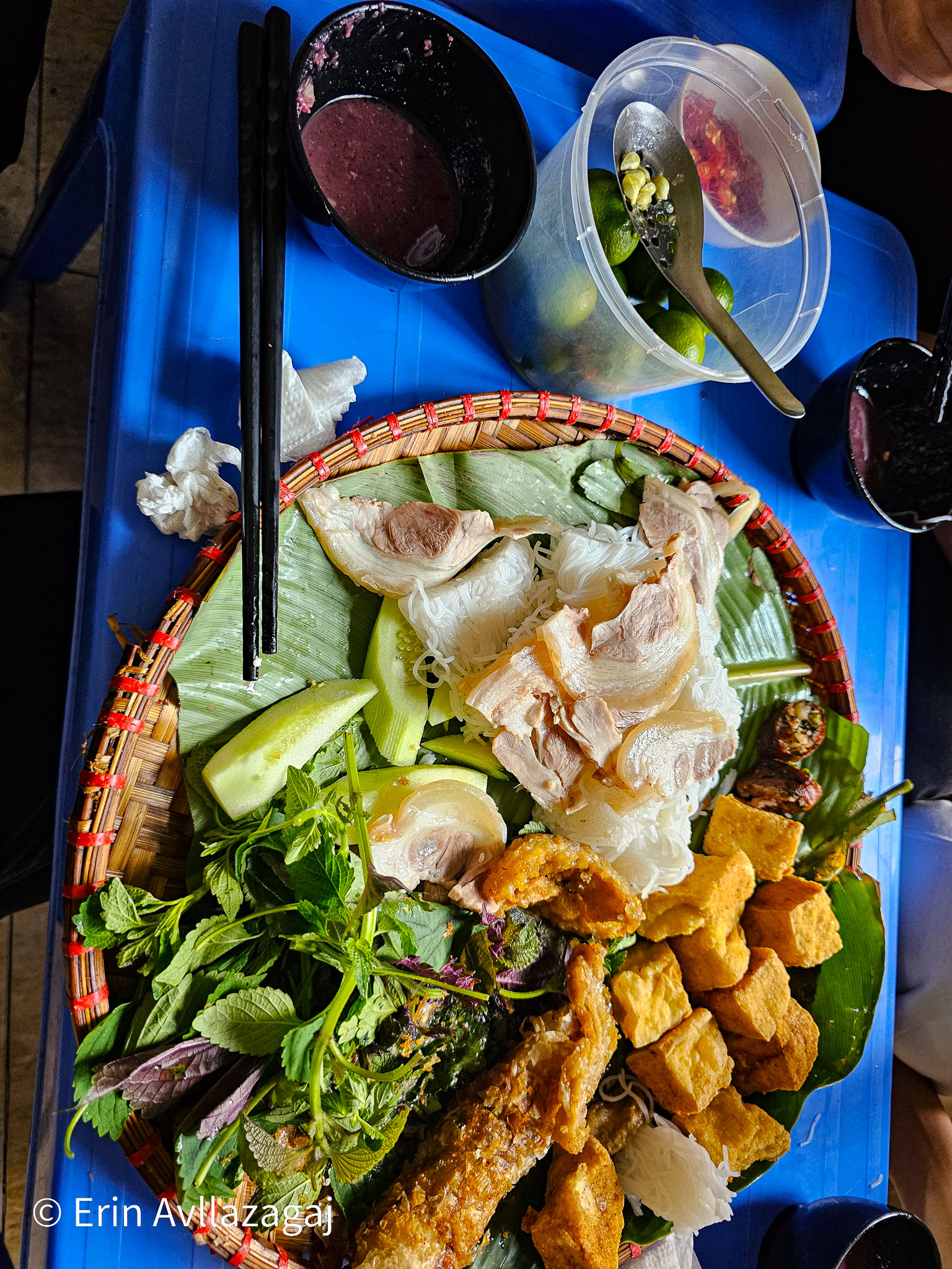 Photo of Mắm Tôm (in that bowl) and Bún Đậu on that large plate on the right.